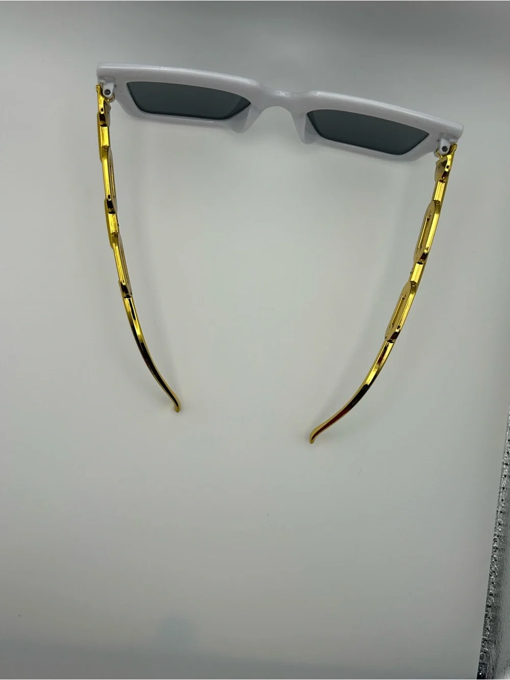White Frame Sunglasses with Gold Chain Temples